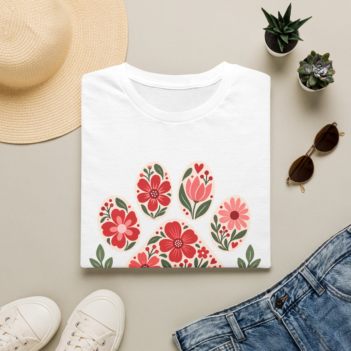 My Happy Place has Paws Floral Paw Print - Supersoft Unisex T-shirt