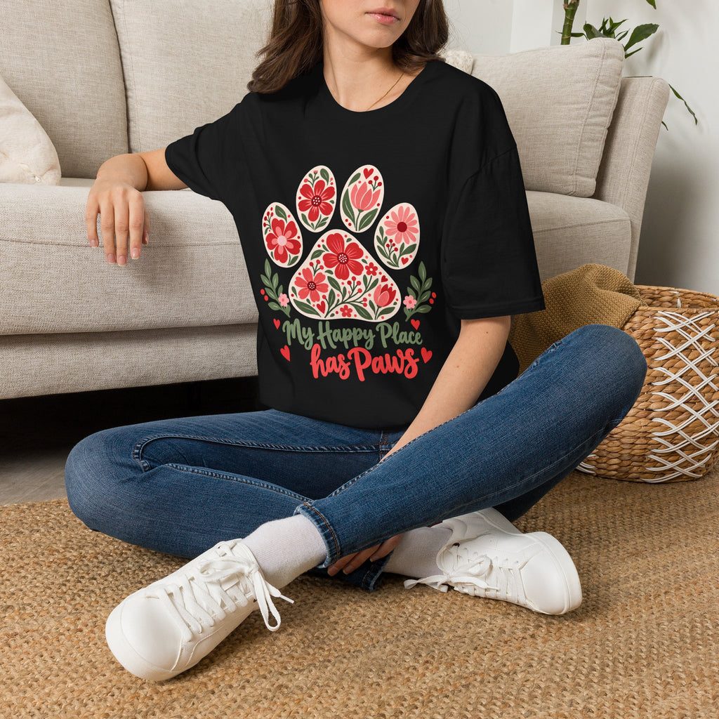 My Happy Place has Paws Floral Paw Print - Supersoft Unisex T-shirt