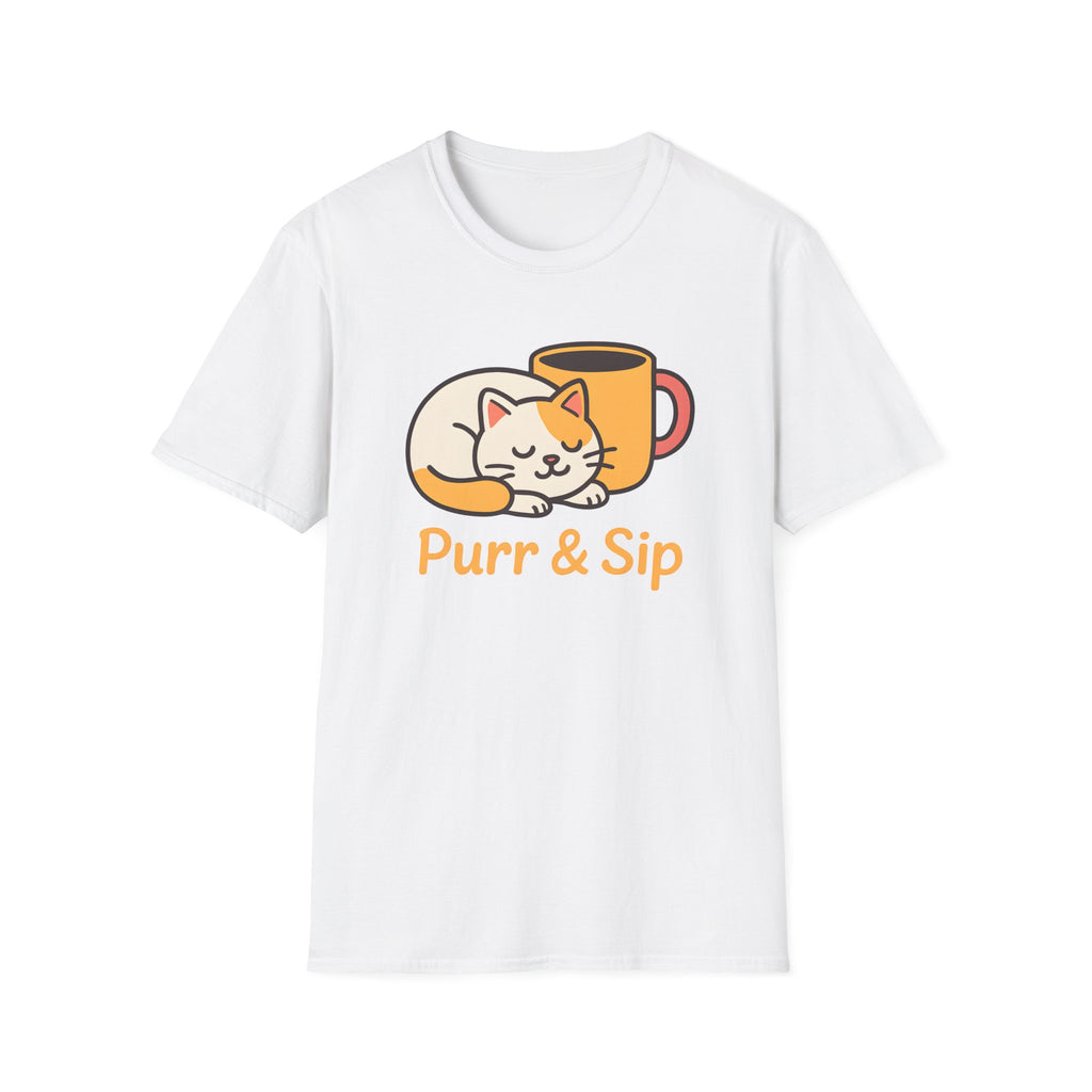 Purr and Sip, Cat and Coffee –  Supersoft Unisex T-Shirt