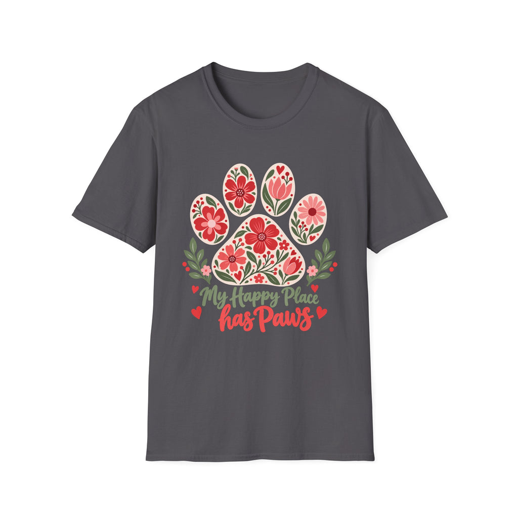 My Happy Place has Paws Floral Paw Print - Supersoft Unisex T-shirt