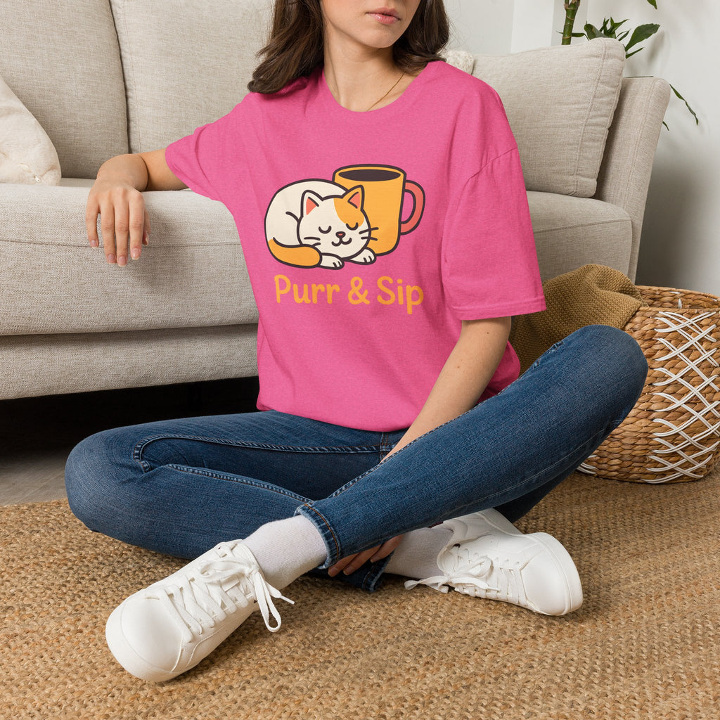 Purr and Sip, Cat and Coffee –  Supersoft Unisex T-Shirt