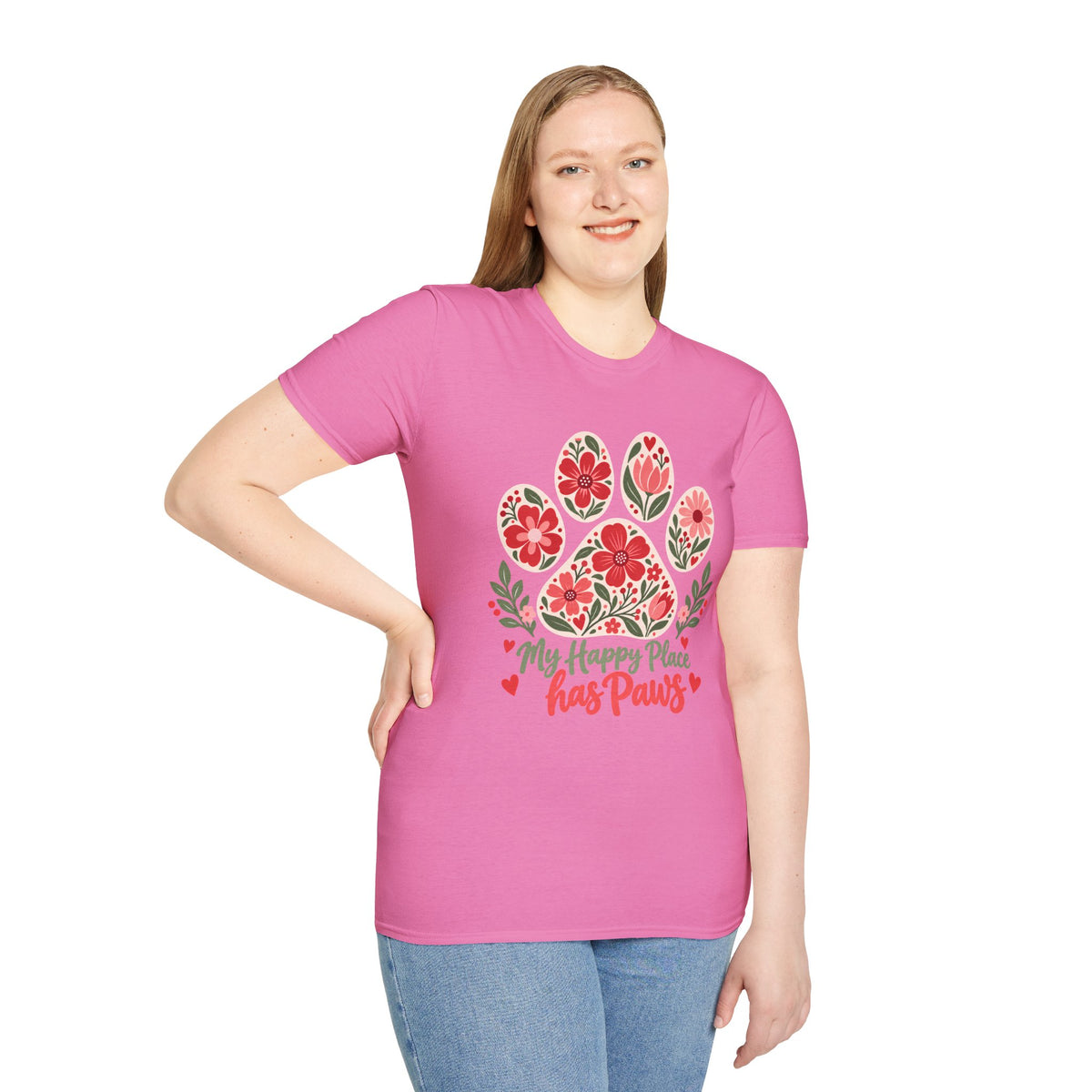 My Happy Place has Paws Floral Paw Print - Supersoft Unisex T-shirt