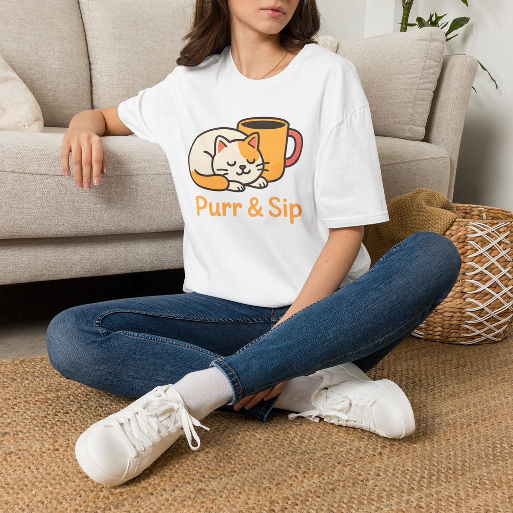 Purr and Sip, Cat and Coffee –  Supersoft Unisex T-Shirt