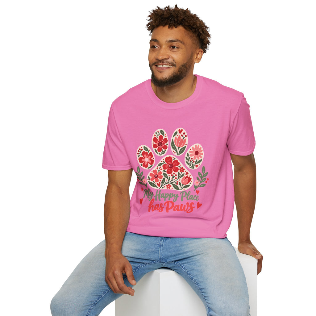 My Happy Place has Paws Floral Paw Print - Supersoft Unisex T-shirt