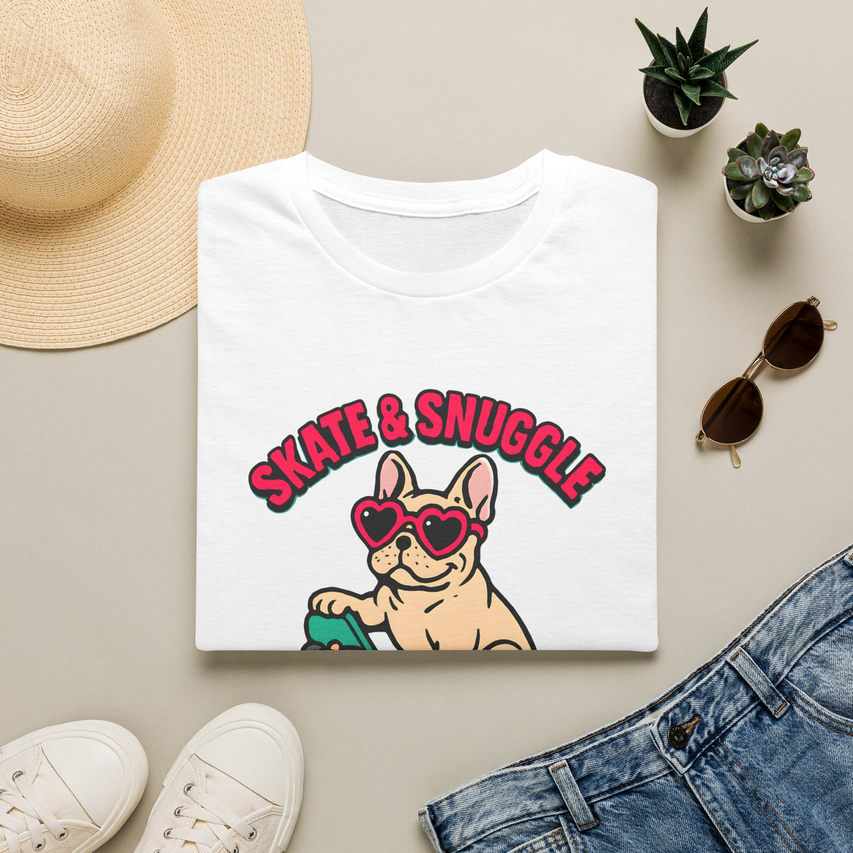 Skate and Snuggle Frenchie Pup –  Supersoft Unisex T-Shirt