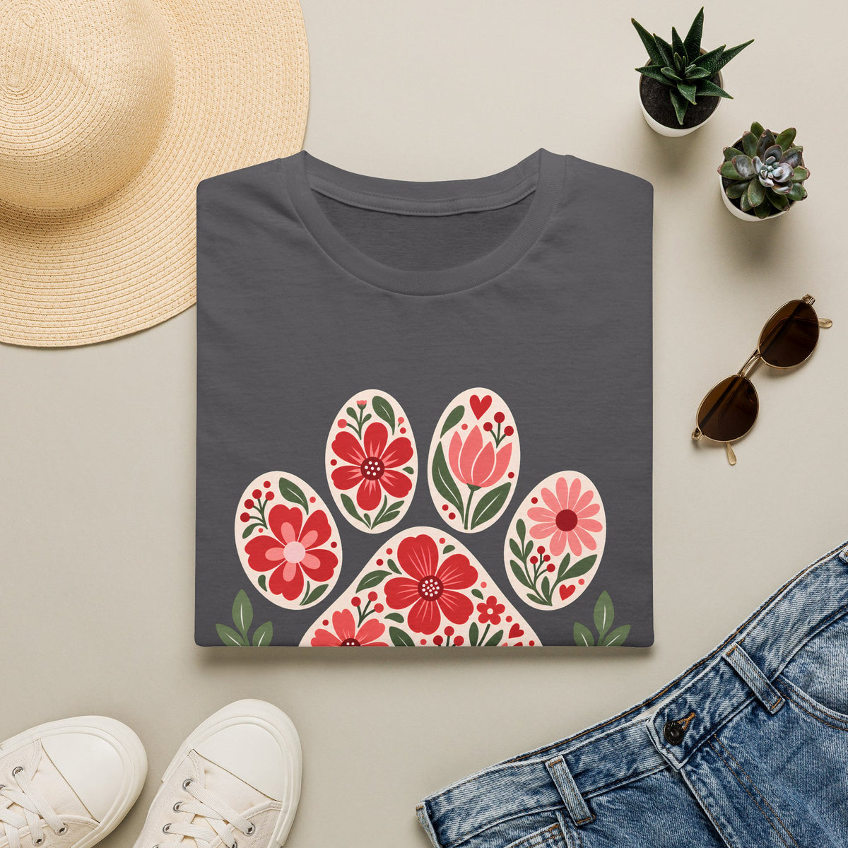 My Happy Place has Paws Floral Paw Print - Supersoft Unisex T-shirt
