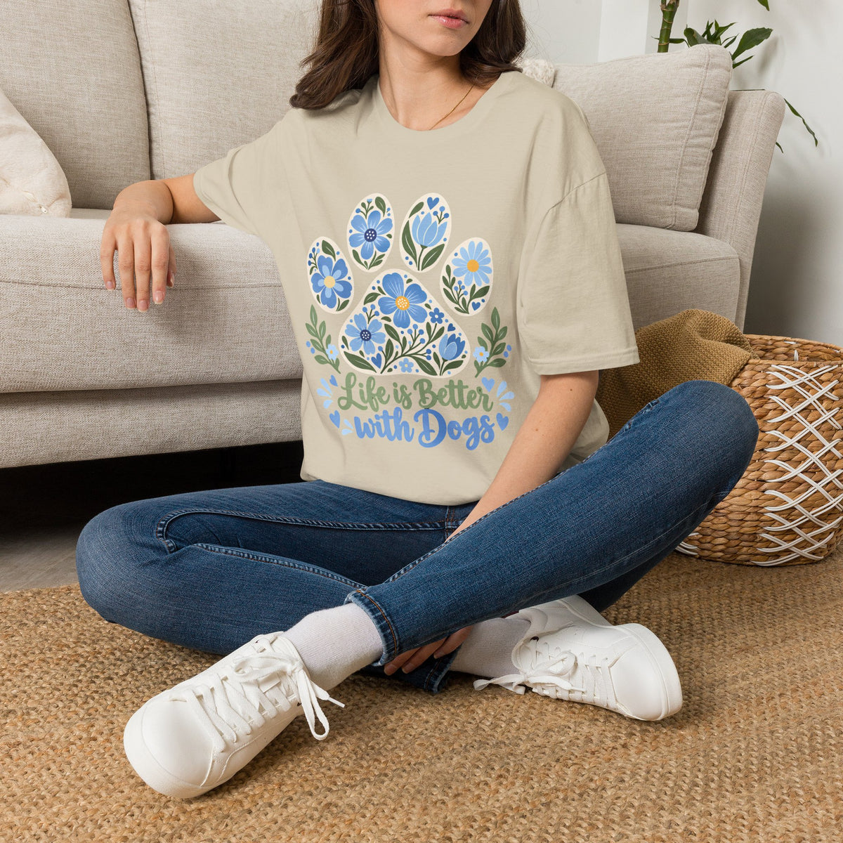 Life is Better with Dogs Floral Paw Print - Supersoft Unisex T-shirt