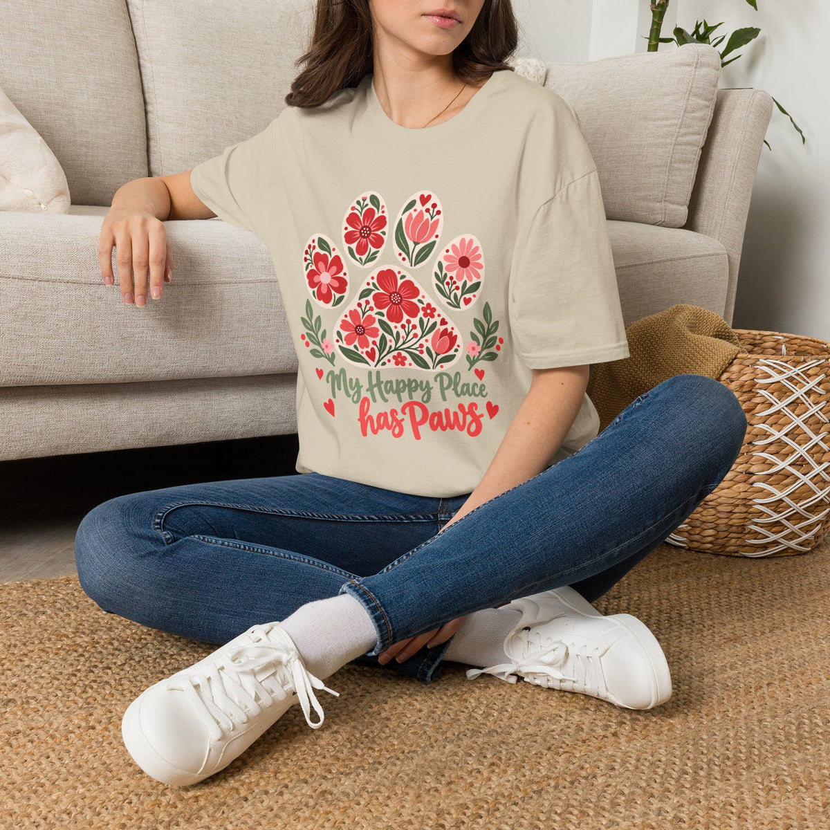 My Happy Place has Paws Floral Paw Print - Supersoft Unisex T-shirt