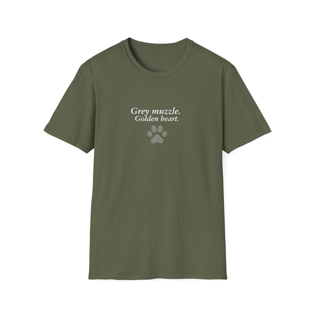 Paw Prints On Our Hearts – Grey Muzzle Golden Heart –  Supersoft Unisex T-Shirt